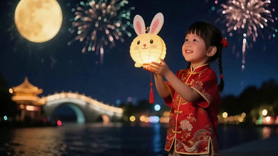 中秋佳节月圆人团圆小孩提灯笼饰品背景视频