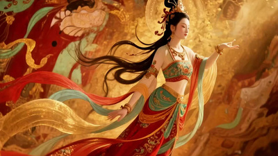 敦煌风神飞天女传统纹样壁画