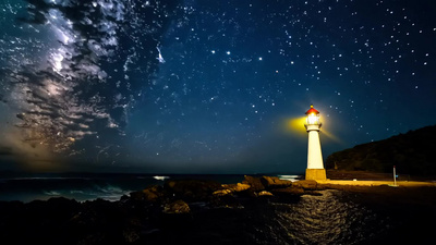 星空星河大海灯塔海岸视频实拍素材