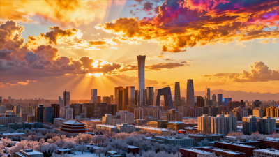 北京CBD城市雪景日落景观ai视频实拍视频素材