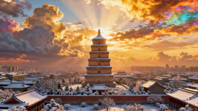 西安古建筑雪景日出景观ai视频实拍素材