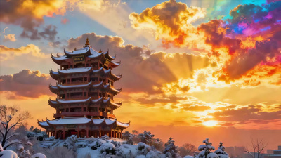 ai视频实拍视频素材雪后黄鹤楼夕阳美景ai视频视频实拍
