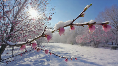 雪中绽放的粉色梅花花朵特写视频实拍