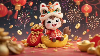 卡通实拍视频素材春节喜庆卡通马拜年送福动画