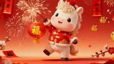 春节喜庆卡通马拜年送福动画