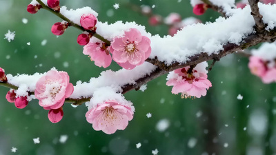 4k冬季雪中的梅花花朵盛开雪景素材