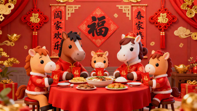卡通马年春节家庭新春团聚吃年夜饭