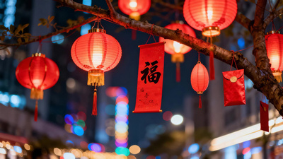 树上悬挂的春节灯笼与福字素材