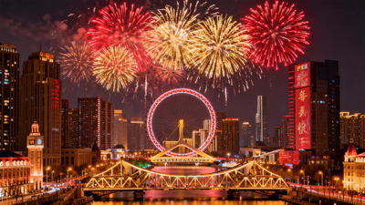 航拍天津城市新年烟花素材