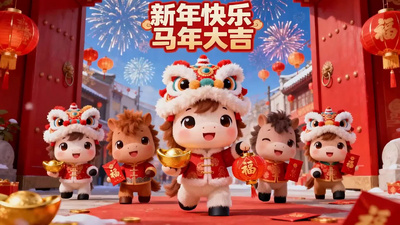 春节可爱卡通小马马年拜年动画祝福视频