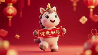 卡通实拍视频素材春节可爱卡通小马马年拜年动画祝福视频