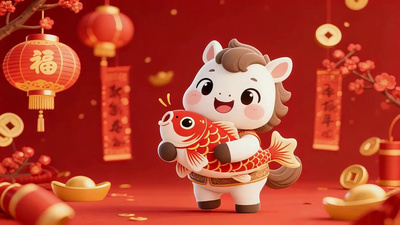 卡通实拍视频素材春节可爱卡通小马马年拜年动画祝福视频