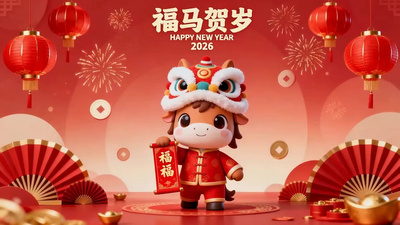 春节可爱卡通小马马年拜年动画祝福视频