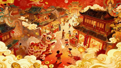 古风庙会国潮新年舞狮贺岁