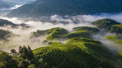 云雾缭绕的茶山风光ai素材实拍素材