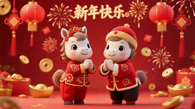 马年喜庆红色春节卡通马拜年动画