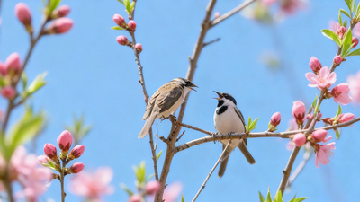 桃花枝上两只小鸟特写实拍视频素材