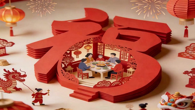 喜庆实拍视频素材福字剪纸春节团圆喜庆场景