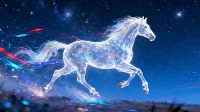 星空下的发光骏马奔跑