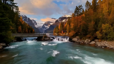 自然河流小桥小屋河水视频实拍素材