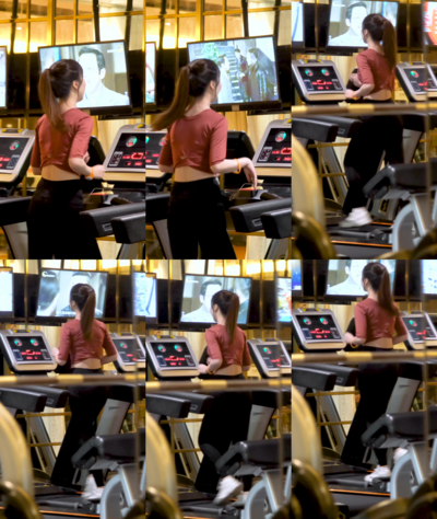 实拍4k健身跑步机上运动的女孩竖版竖屏