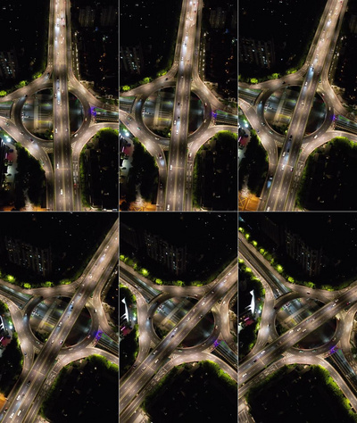 竖版航拍浙江杭州城市夜景灯光交通车两行驶