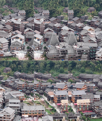 竖屏航拍程阳八寨少数民族木房子建筑航拍实拍视频素材