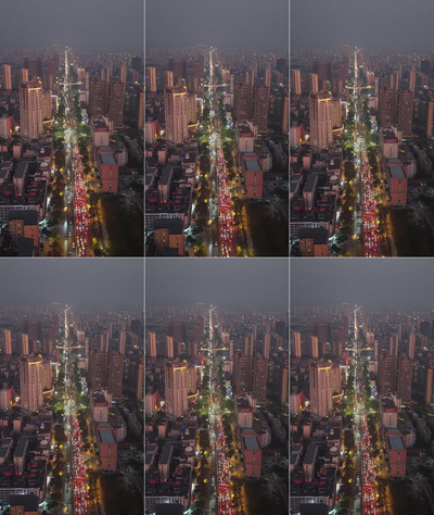 城市夜景拥堵交通岳阳航拍实拍素材