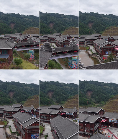 竖屏航拍侗族特色建筑程阳八寨风景航拍实拍素材