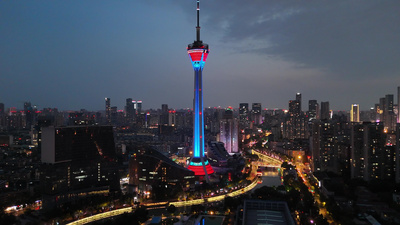 四川成都蓝调时刻天府熊猫塔夜景航拍