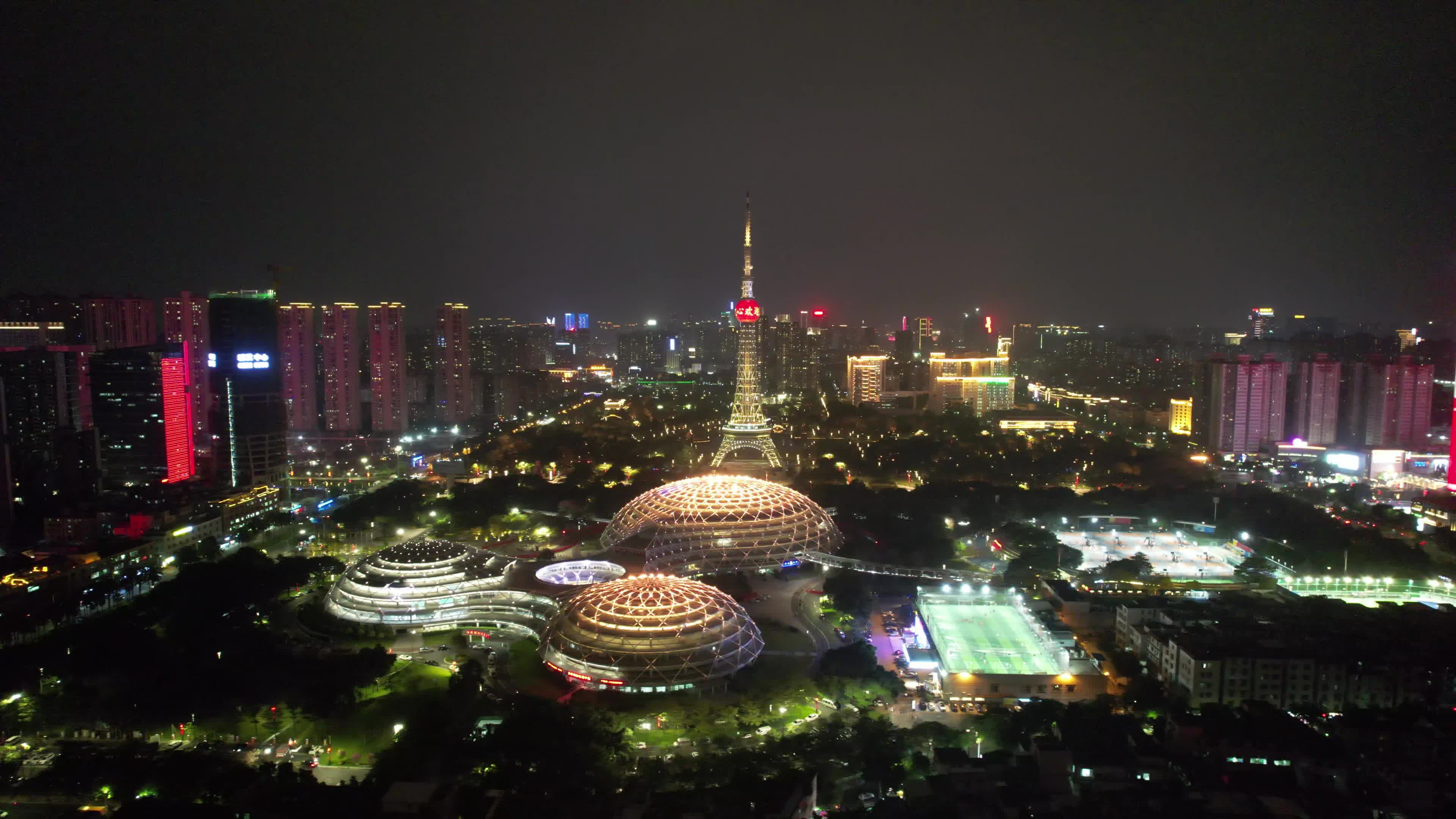 广东佛山岭南明珠体育馆佛山电视塔夜景航拍视频特效素材