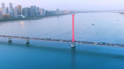 杭州实拍视频素材4K航拍杭州钱塘江大桥城市车流