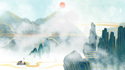 原创120秒中国风鎏金水墨山水画视频背景
