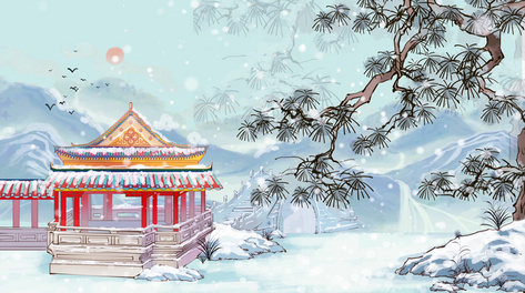 古风建筑冬季雪景动态背景视频包装模板