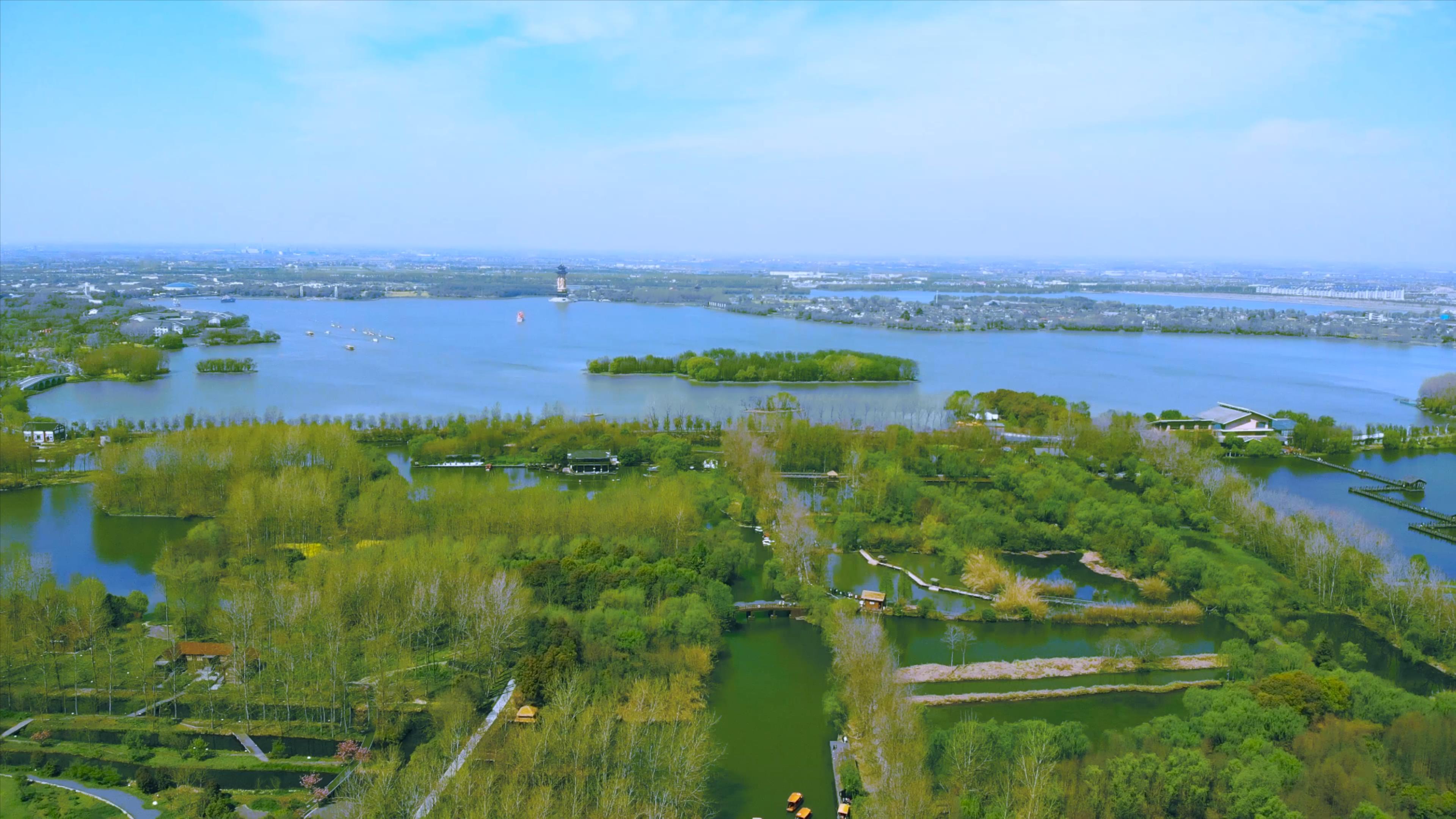 4k航拍泰州溱湖国家湿地公园旅游景区风景