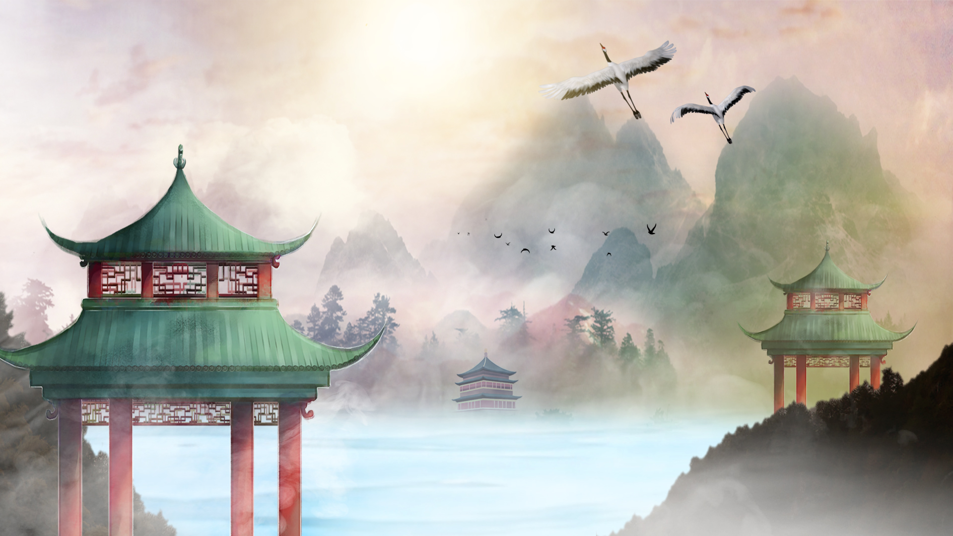 原创中国风静谧园林风光视频背景古风水墨风诗词朗诵背景ae模板