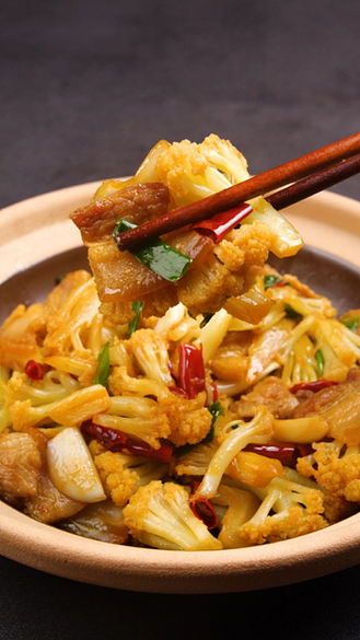 4k竖屏炒花菜花菜炒肉五花肉炒花菜干锅花菜教程