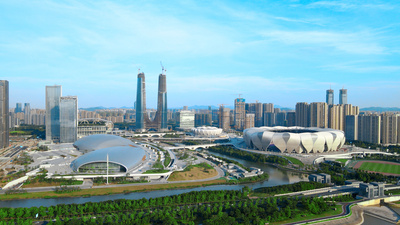 杭州实拍视频素材4K航拍大气杭州亚运会奥林匹克公园城市宣传素材