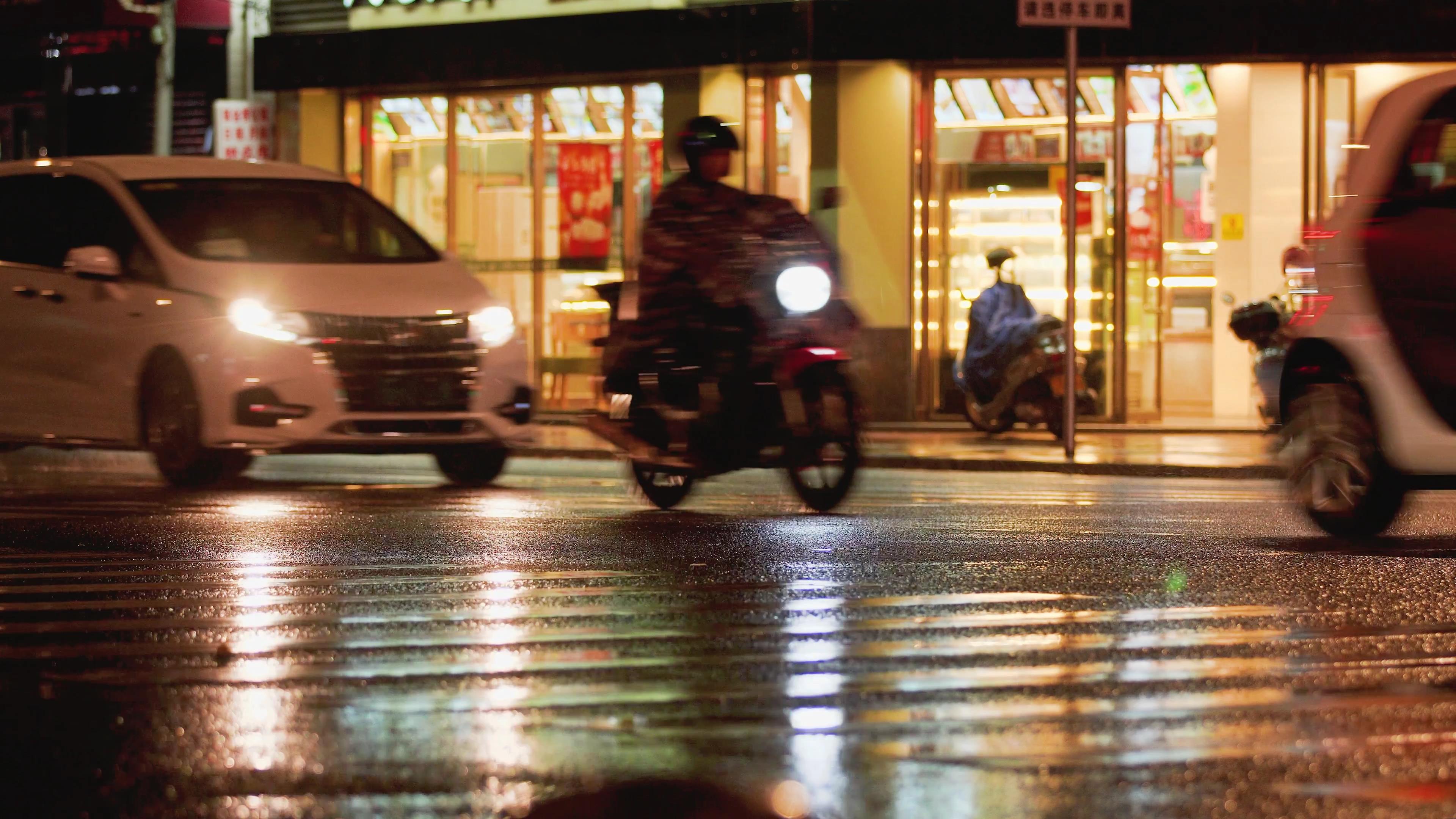 1080P城市夜晚下雨马路特写实拍视频特效素材-千库网