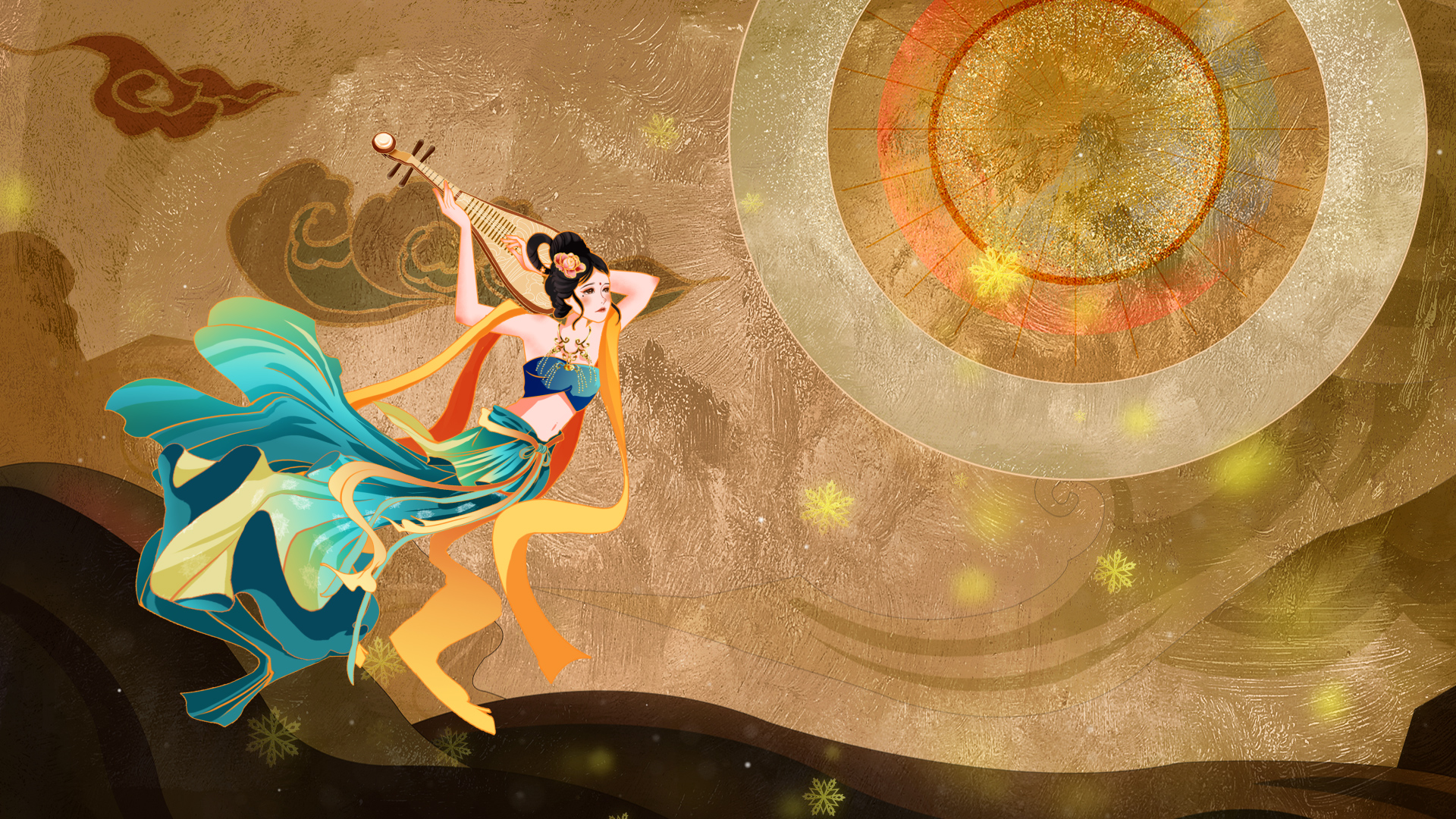 原创国潮美丽敦煌风祥云飞天女神视频背景