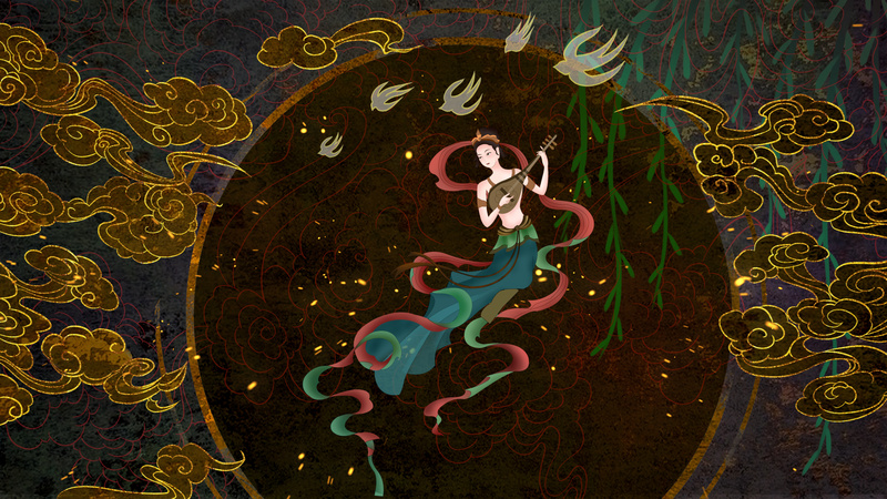 原创国潮敦煌风神秘祥云圆环飞天视频背景