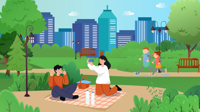 原创mg扁平风场景卡通城市生活场景公园社区扁平动态视频背景