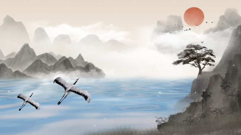 原创中国风夕阳美景飞鹤视频背景ae模板