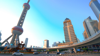 4K实拍上海城市地标浦东东方明珠塔车流交通