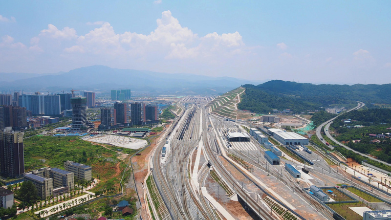 4k航拍湖南怀化西铁路客运编组站