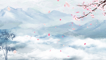 原创中国风蓝色清新山间云雾弥漫花瓣飘洒视频背景AE模板