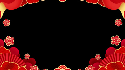 边框实拍视频素材春节新年剪纸风扇子花边框喜庆红色拜年祝福视频边框