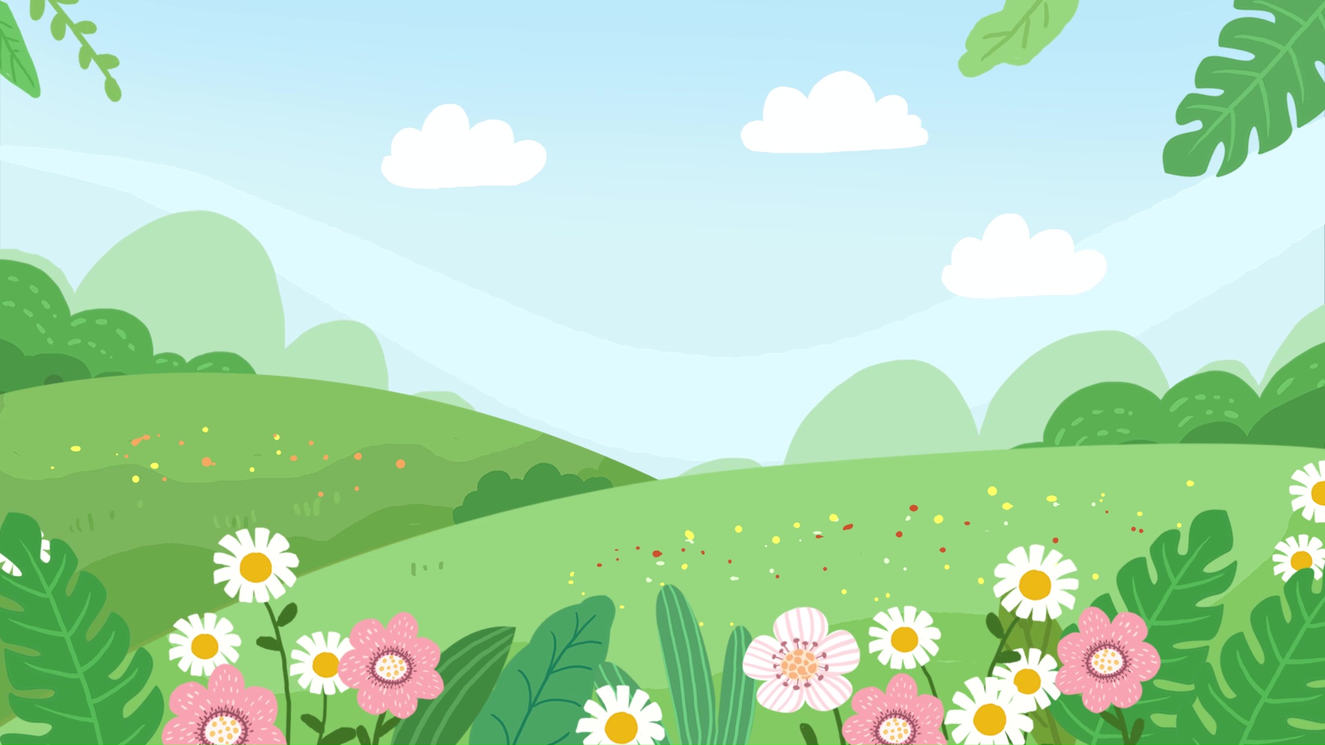 卡通儿童节绿草地山川花草天空风景视频背景