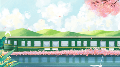 春天背景绿色山川火车蓝天白云视频背景