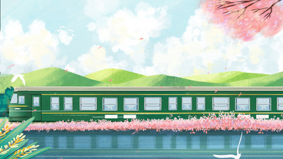 春天背景绿色山川火车蓝天白云视频背景